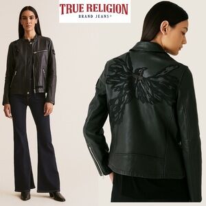 True Religion Phoenix Bird Novelty Sequin Black Leather Motorcycle Jacket Biker